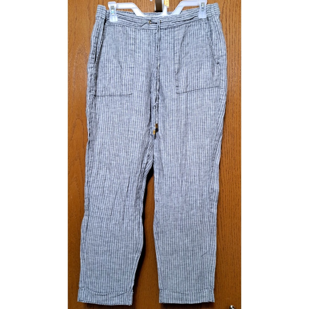 Ellen Tracy 100% Linen Grey Striped Elastic Waist High Rise Straight Leg Pants M